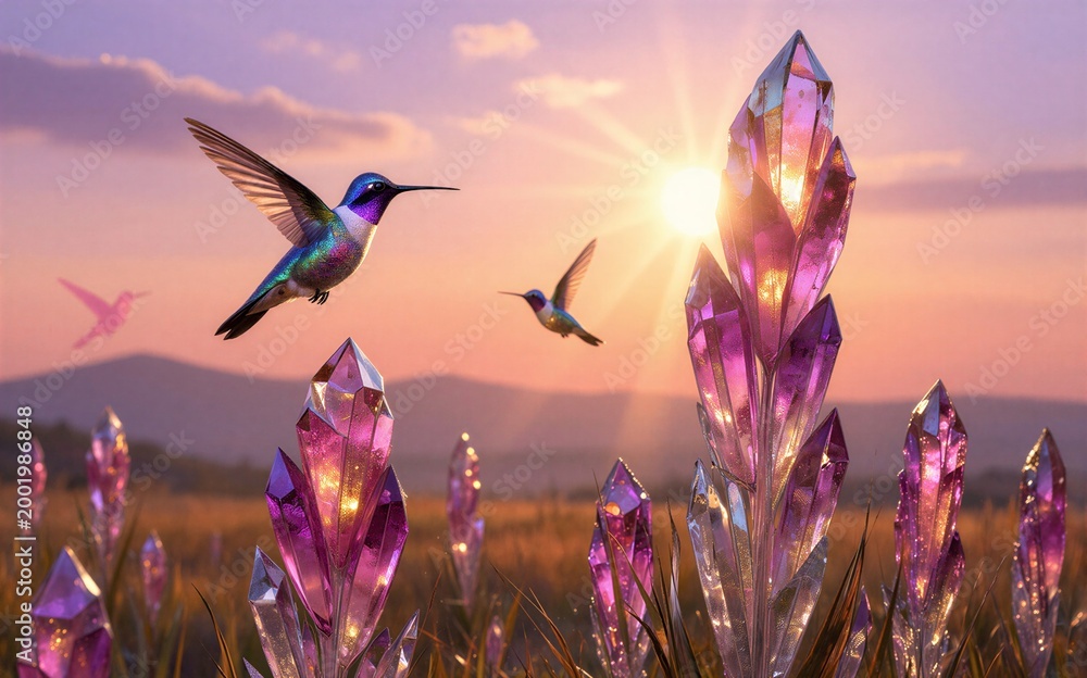 Fototapeta premium Hummingbirds soar above glowing purple crystals at sunset in a