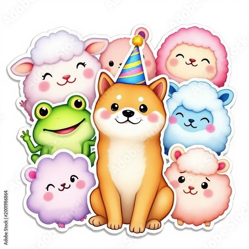 Cute Shiba Inu puppy wearing party hat surrounded by colorful sheep and frog stickers on white background