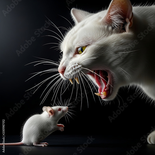Domestic Cat Shouting at Mouse Isolated on Black Background
