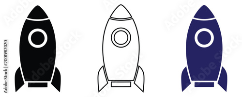 Rocket ship icon set three styles solid black, outline, and solid blue spacecraft launch symbols