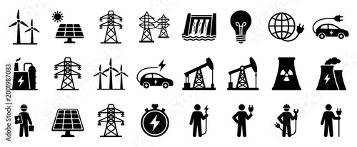 International Energy Day Vector Black Silhouette Icon Set of Renewable and Fossil Fuel Power Industry including Wind Solar Nuclear Hydro and Oil