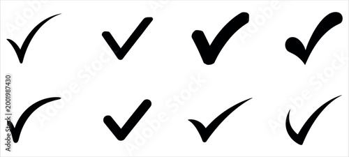 A collection of eight unique black check mark icons isolated on a clean white background design.