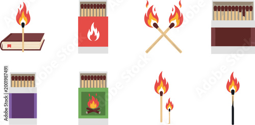 Matchstick and fire logo collection featuring burning matches, flame icons, and ignition symbols for safety, danger, and heat-related design concepts