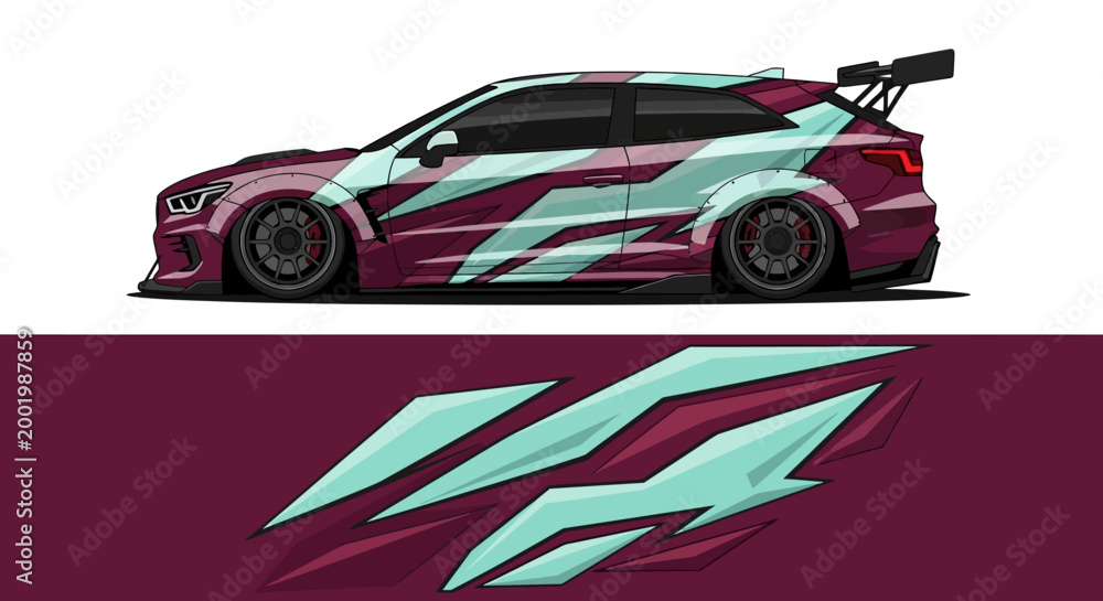 Fototapeta premium High speed teal and aqua racing car with bold geometric livery and aerodynamic design.