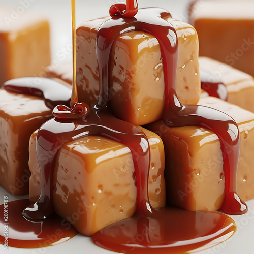 Caramel Cubes Topped with Caramel Sauce Isolated on White and Png Transparent Background  