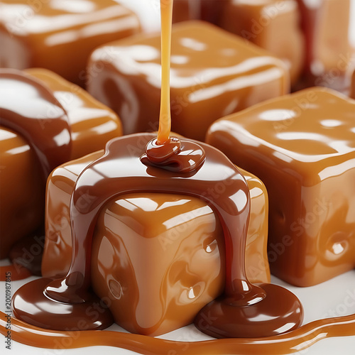 Caramel Cubes Topped with Caramel Sauce Isolated on White and Png Transparent Background  