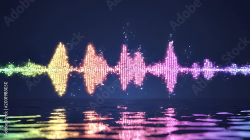A vibrant, colorful sound wave visualization reflects beautifully on a dark, rippling water surface, creating a mesmerizing and abstract digital artwork.