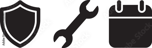 Security wrench and calendar icons set for protection tools and scheduling tasks simple outline
