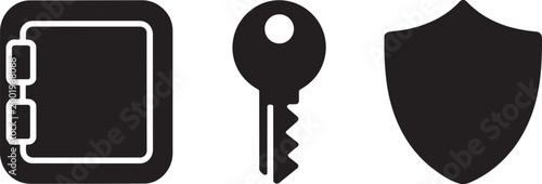 Security elements icons set featuring safe box key and shield for data protection safety and ui