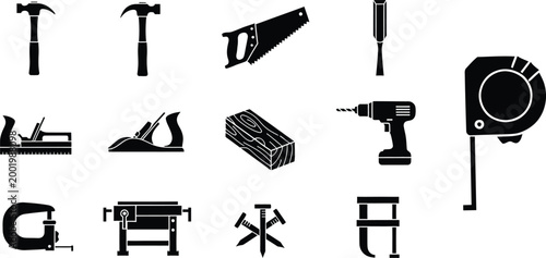 Set of black construction tools and carpentry equipment icons for building and repair