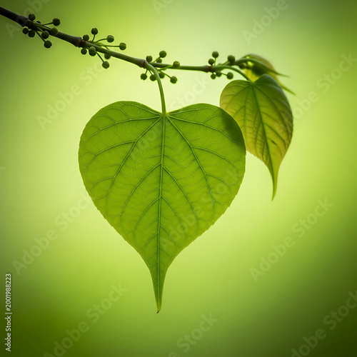 Green Leaf in the Shape of Heart Hanging on Branch