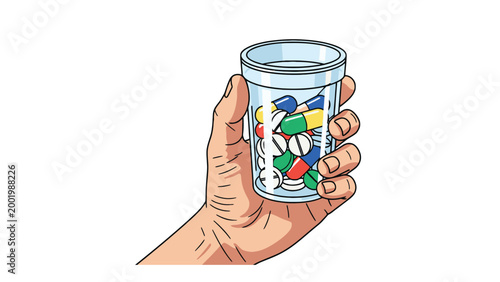 Human hand holding a transparent plastic bottle filled with an assortment of colorful pharmaceutical pills and capsules, representing medication, health, and treatment.