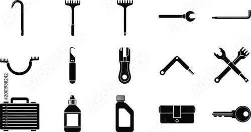 Set of black repair tool icons including wrenches and mechanical maintenance equipment