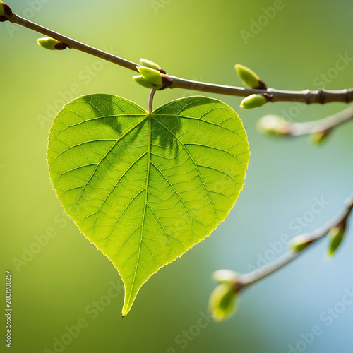 Green Leaf in the Shape of Heart Hanging on Branch