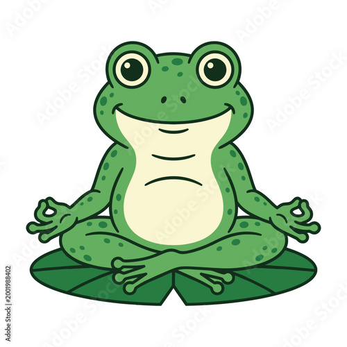 Smiling green frog sitting in lotus position on leaf meditating peacefully