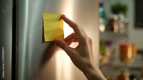 Hand presses sticky note onto fridge door