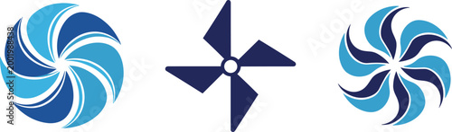 Abstract swirl and turbine logo collection featuring blue spiral shapes, rotating fan blades, and circular motion symbols for modern technology branding