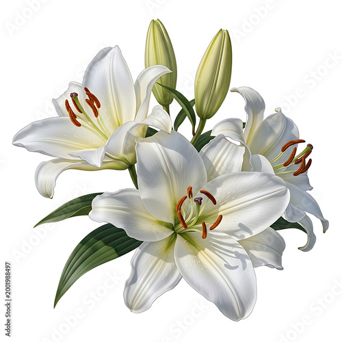 White Lily Flower Bouquet Isolated on White and Png Transparent Background