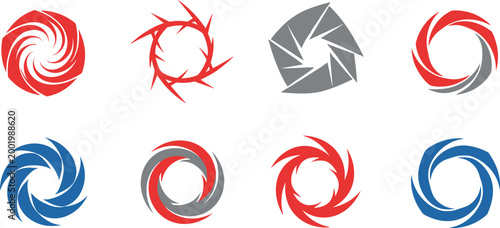 Abstract swirl logo collection featuring circular vortex shapes, dynamic spiral motion elements, and modern rotating symbols for creative branding identity