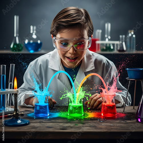 Surprised Child Boy Observing Colorful Chemical Reaction