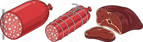 Processed Meat Vector Illustration Set Featuring Sausage, Salami and Ham Cuts with Sliced Pieces in Detailed Food Design Isolated on White Background
