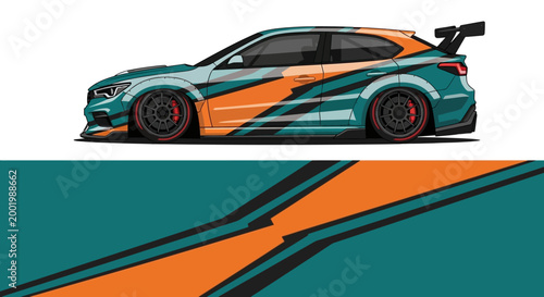 Stylized teal and orange race car illustration with dynamic lines.