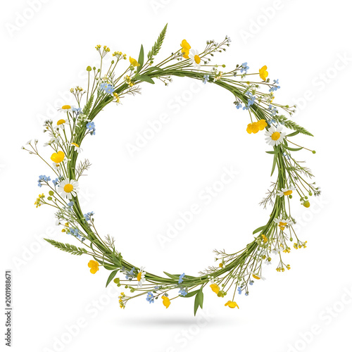 Summer Wreath of Wildflowers Isolated on White Background 