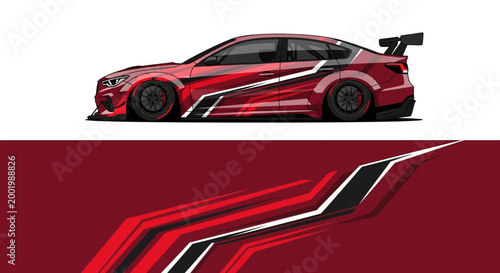 Dynamic red sports car with sleek lines and bold graphic accents in motion.