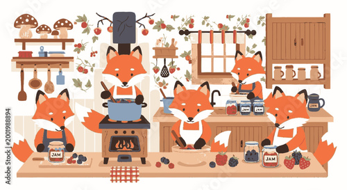 Cute foxes making homemade fruit jam in cozy rustic kitchen