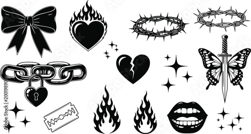 Canvas Print Alternative grunge and y2k aesthetic flash tattoo design icons set with flame he