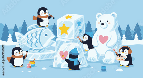 Cute penguins painting ice sculptures in a snowy winter landscape