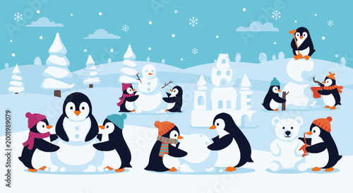 Cute penguins building snowmen and ice castle in winter
