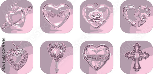 Cuadro en lienzo Pink aesthetic romantic y2k heart icons set featuring locket key cross and rose