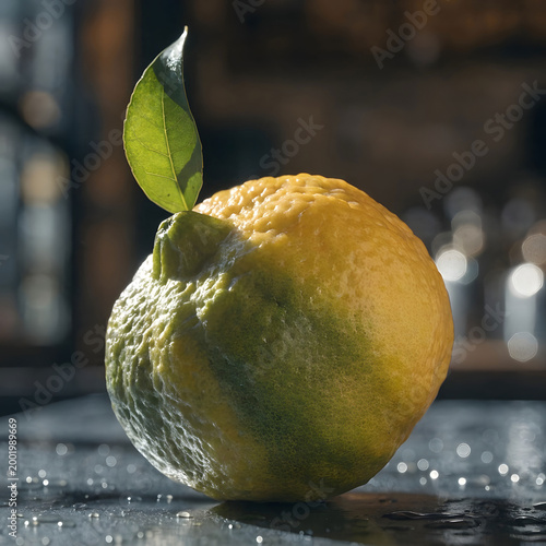 closeup of a single yuzu fruit with a green leaf