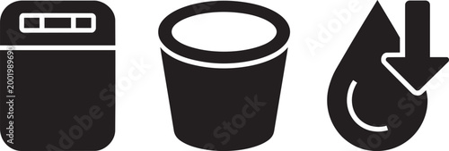 Washing machine bucket water drain icons set for laundry wastewater plumbing cleaning flat vector