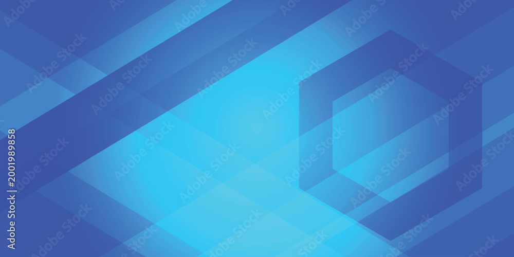 Obraz premium A vibrant blue abstract background featuring overlapping geometric shapes, translucent hexagonal patterns, and diagonal light rays. Perfect for technology-themed presentations, business banners, and d