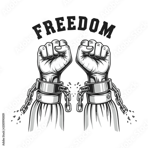 Breaking free fists with chains shattering freedom concept