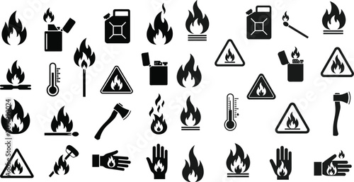 Collection of black silhouette fire hazard and safety warning icons