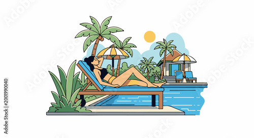 Woman relaxing on a lounge chair by a tropical poolside with palm trees