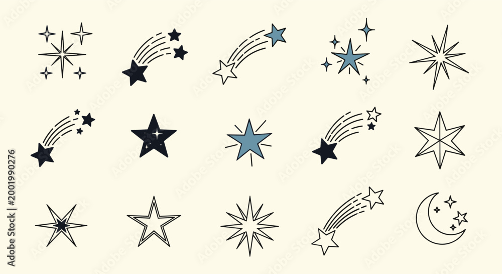 Fototapeta premium Collection of diverse star shapes including shooting stars sparkles and twinkling icons in a simple graphic style on a warm background.