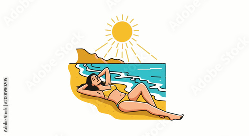 Woman sunbathing on a beach under a bright sun