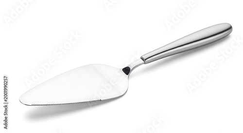 Elegant stainless steel pie server with black accent detail isolated on clean white background
