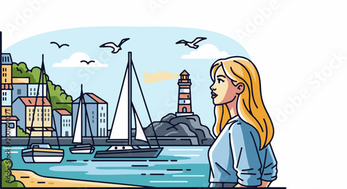 Woman gazing at coastal town with sailboats and lighthouse under blue sky