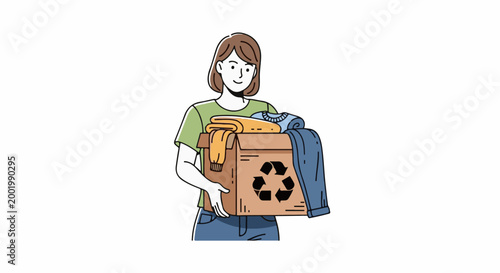 Woman holding box of clothes with recycling symbol