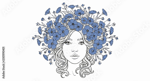 Woman with a blue floral crown and flowing hair