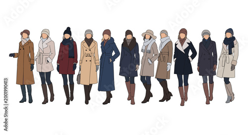 Fashion illustration of a diverse group of women wearing stylish winter coats, warm hats, and boots in different colors.