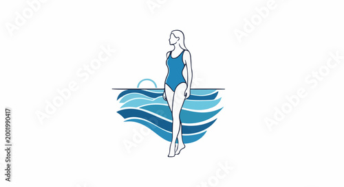 Woman in blue swimsuit stands at water's edge, sun setting over waves