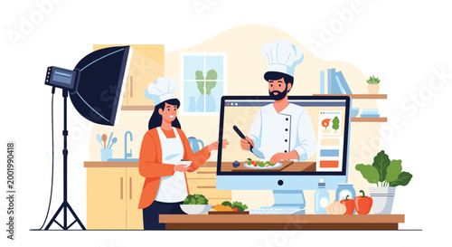 Modern cooking show production featuring a chef on a monitor screen and a host preparing healthy meals in a studio kitchen.