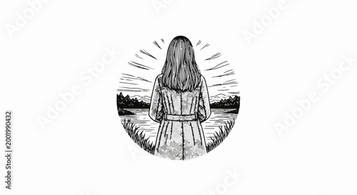 Woman in coat looks at serene landscape with water, trees, mountains, and sunburst