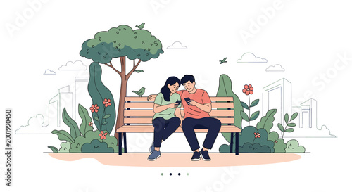 Young couple sitting on a park bench in a quiet urban area while both are focused on their mobile phones and social media.